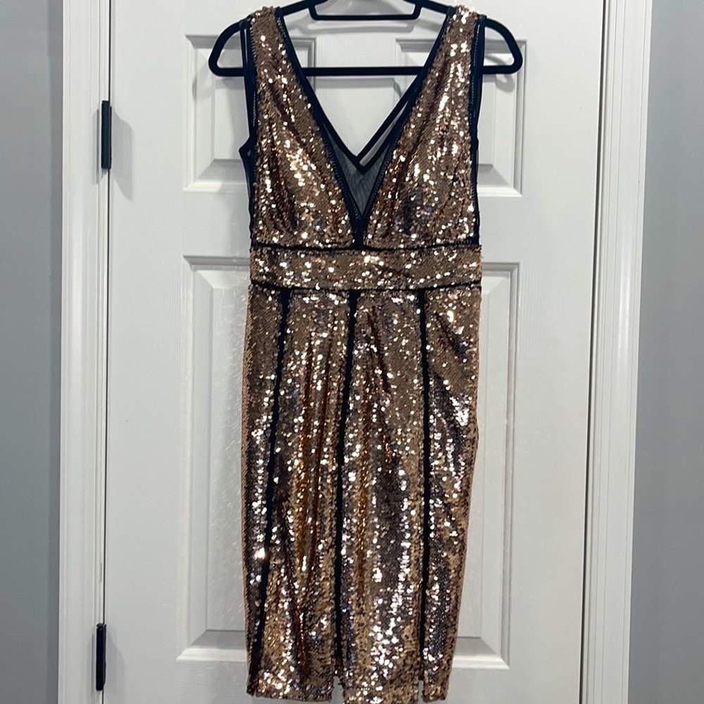 NWOT Boston Proper Metallic Copper Deep Mesh V Sequin Sparkle Dress -XS - Picture 3 of 10